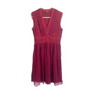 Anthropologie Ranna Gill Burgundy Fit & Flare Mini Dress Crochet Dot Boho Small